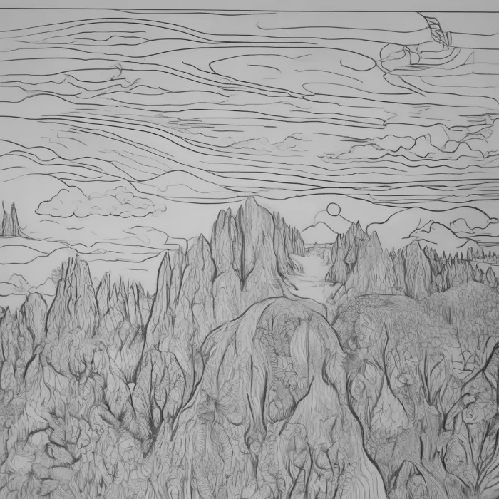 The same mountains redrawn as artistic line art